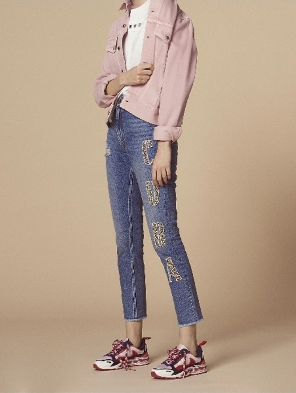 Sandro Blue Straight-Leg Jeans with Decorative CUBA Jewel Lettering Size 36